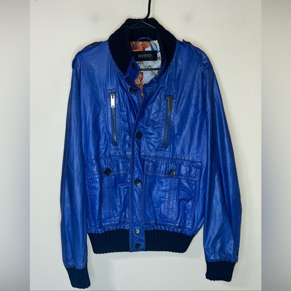 Gucci Madonna Blue Leather Bomber Jacket Size 58 - Picture 1 of 5